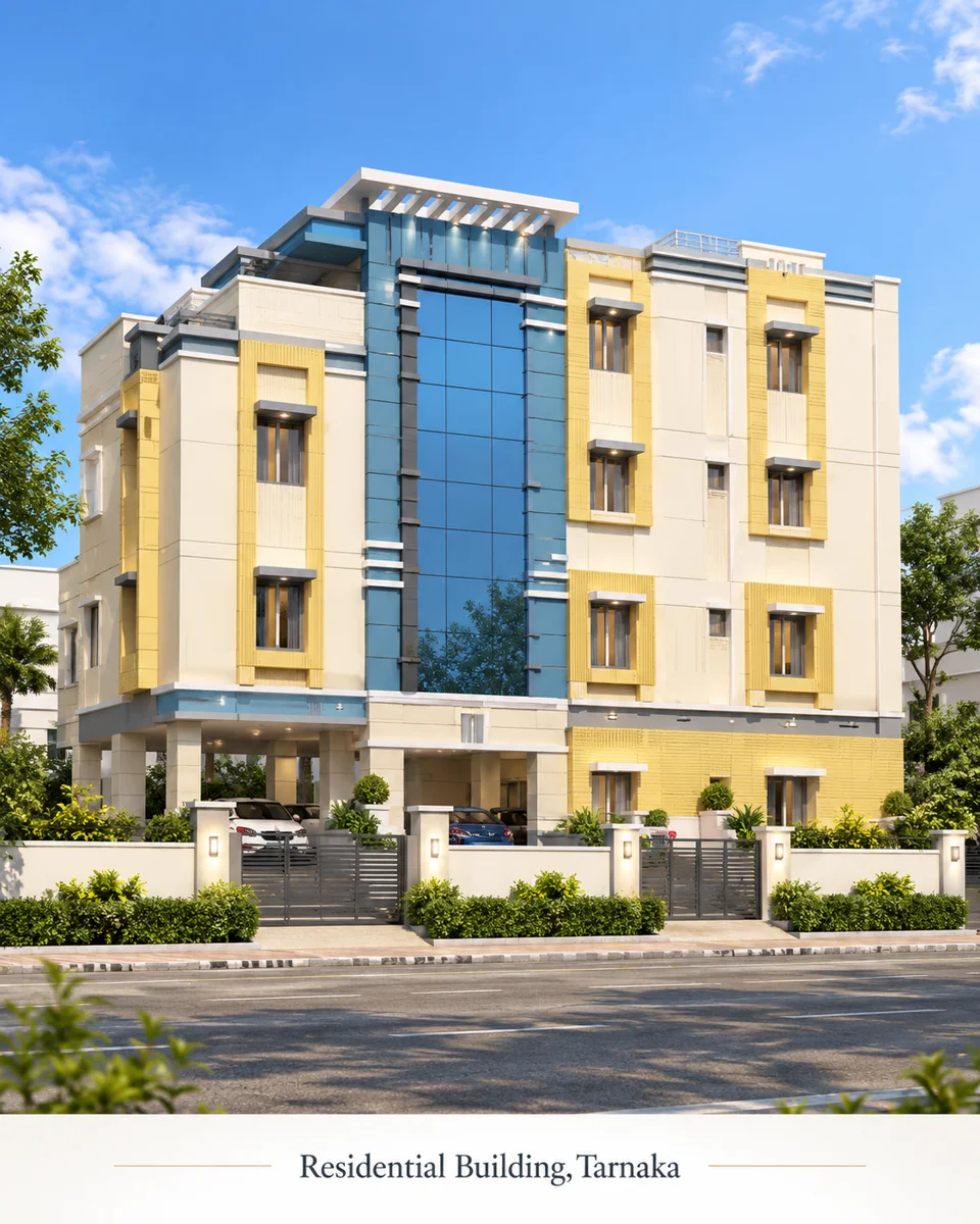 Supplied Tarnaka residential building illustration: yellow facade with blue glass panels and stacked balconies.