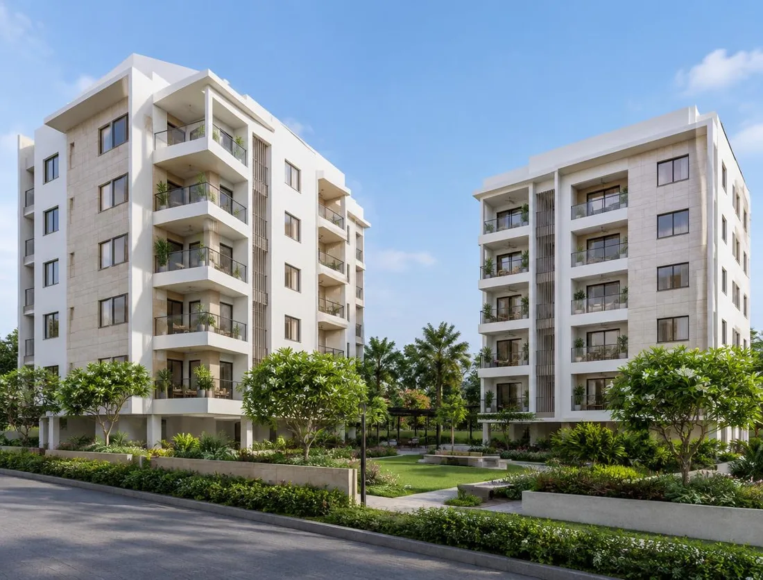 Architectural inspiration: two light-stone apartment blocks with private balconies surrounding a landscaped courtyard.