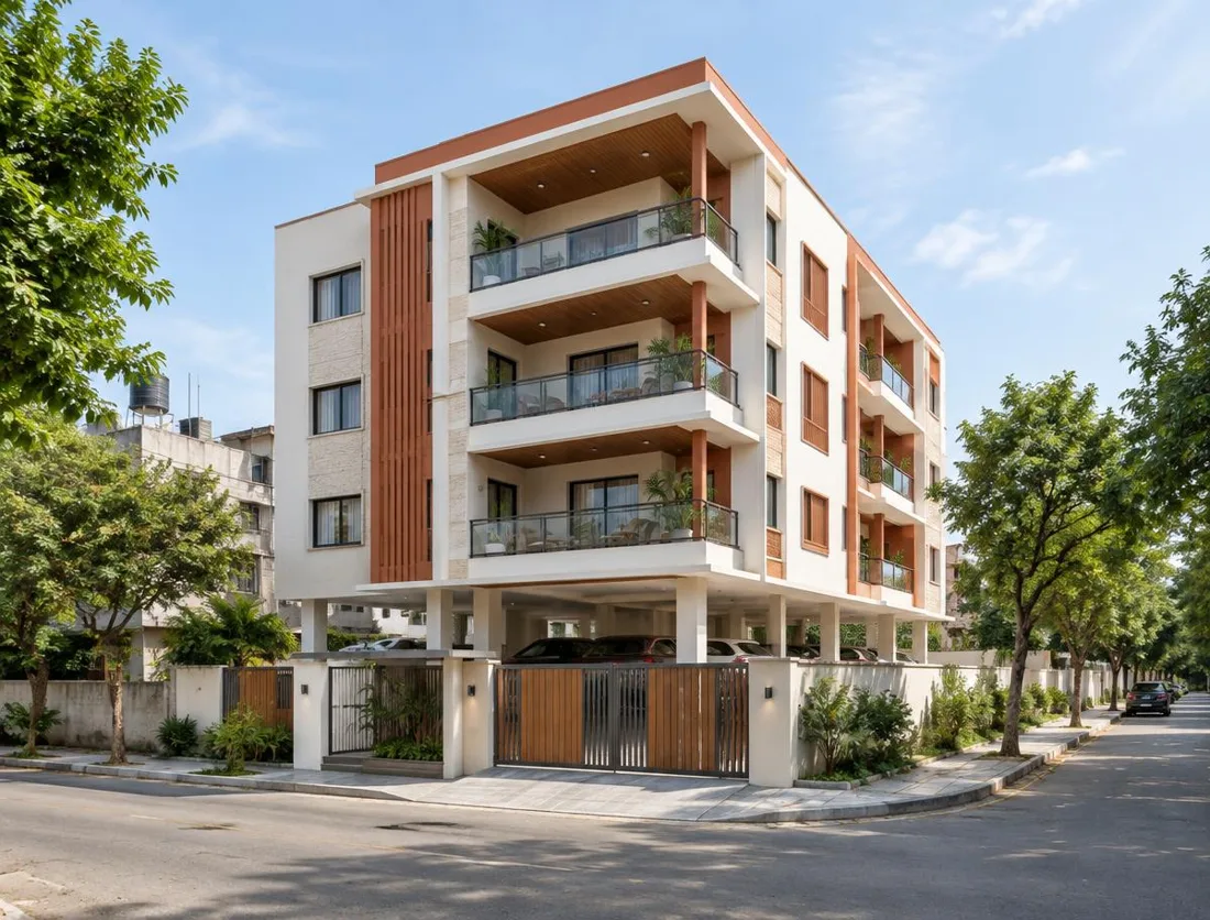 Architectural inspiration: white mid-rise residential building with terracotta accents, glass balconies and stilt parking.