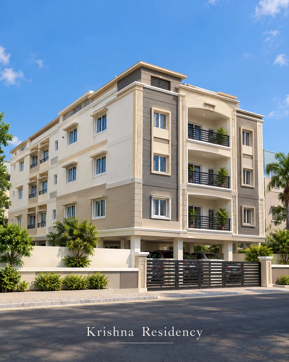 Supplied Krishna Residency illustration: cream and grey apartment building with arched balconies and a landscaped gated frontage.