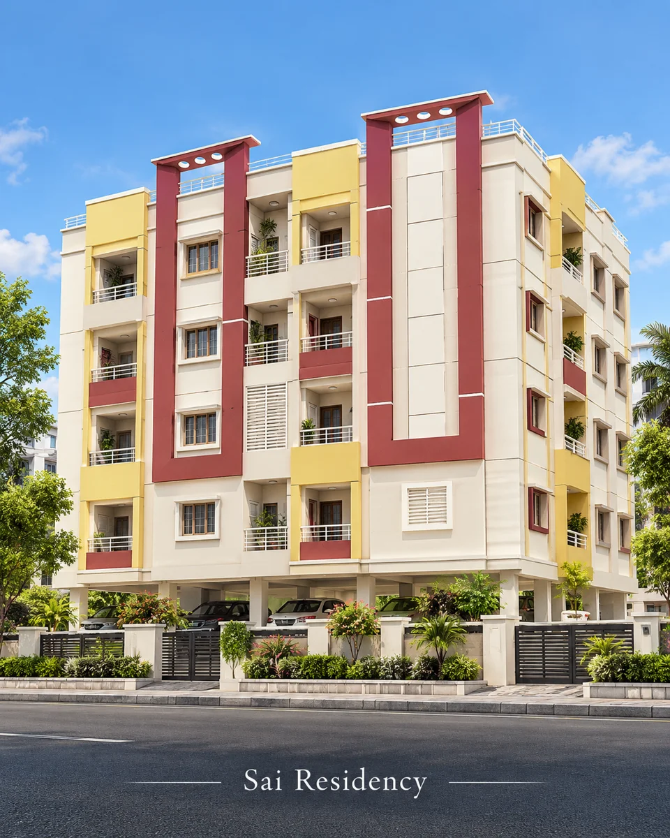 Supplied Sai Residency illustration: cream apartment building with red and yellow accent columns and tiered balconies.
