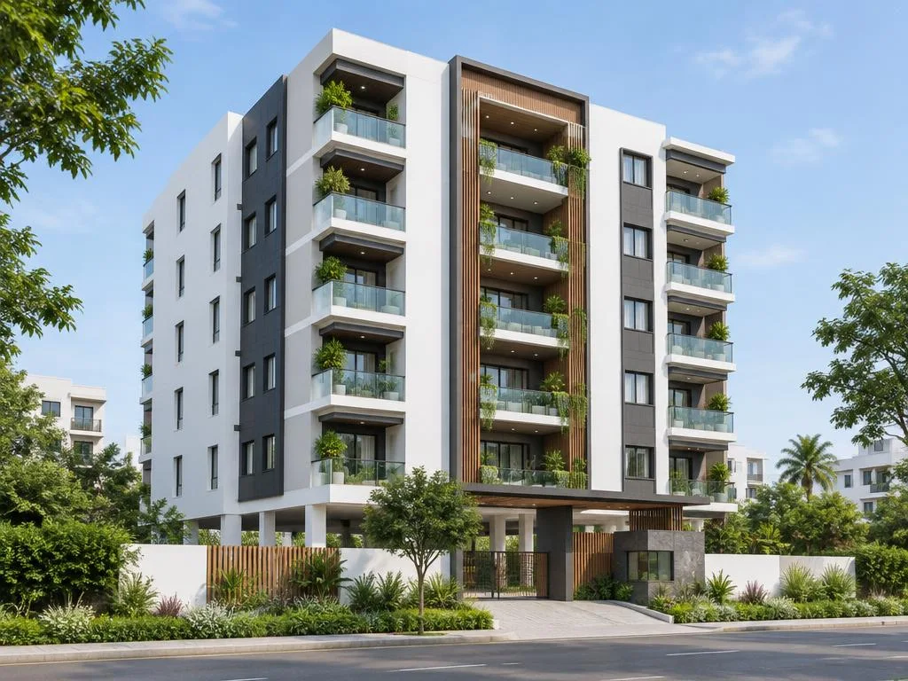 Architectural inspiration: modern multistorey apartment building with stacked balconies, shaded windows and planted frontage.