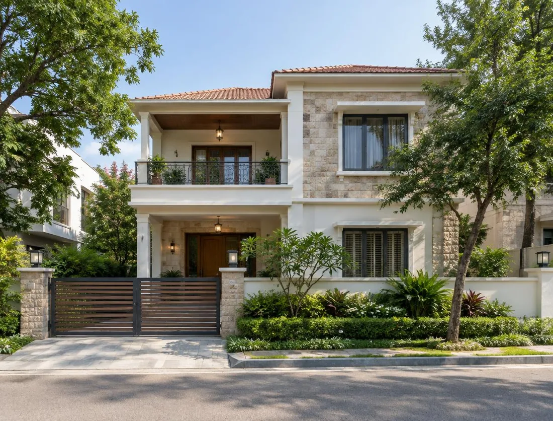 Architectural inspiration: renovated two-storey home with a tiled roof, stone facade, restored balcony and mature garden.