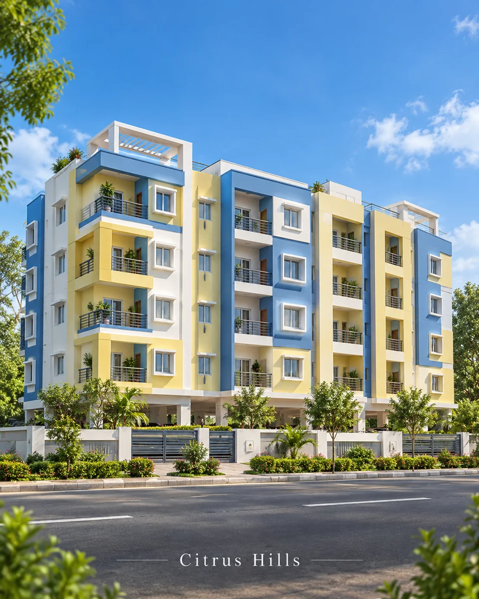 Supplied Citrus Hills illustration: yellow and blue multistorey residential building with balconies and a pergola-style roof.