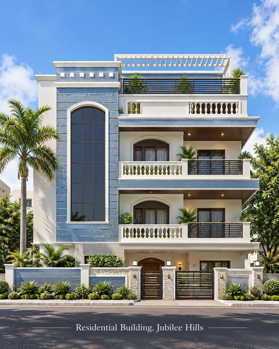 Supplied architectural reference: cream residential facade with arched windows, blue glazing and projecting balconies for duplex-home inspiration.