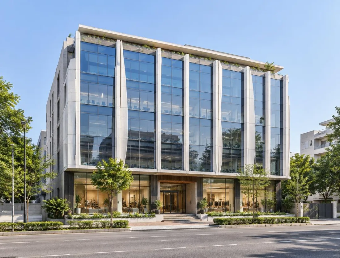 Architectural inspiration: contemporary glass-fronted office building with vertical stone fins and a landscaped street-level entrance.