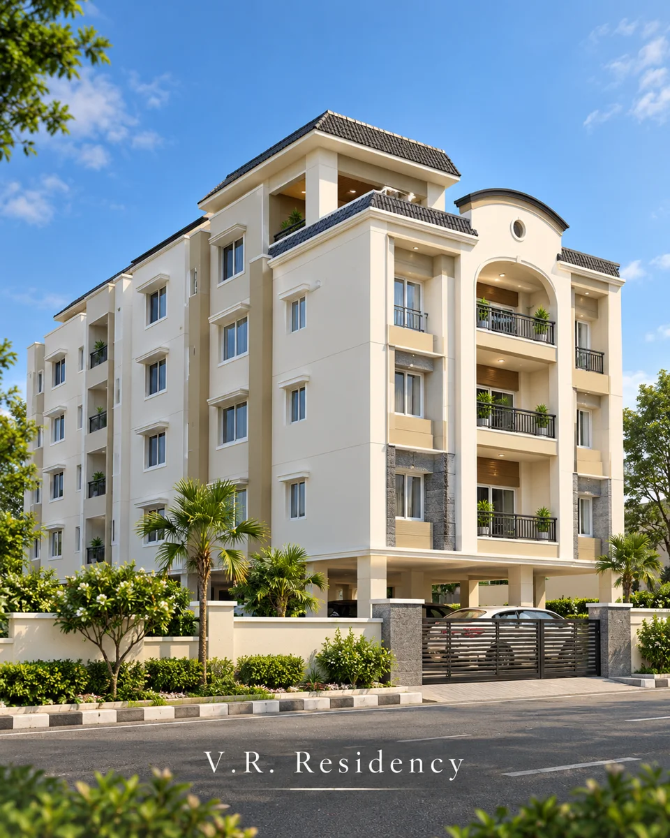 Supplied V.R. Residency illustration: cream apartment building with a dark roofline, projecting balconies and an arched entrance.