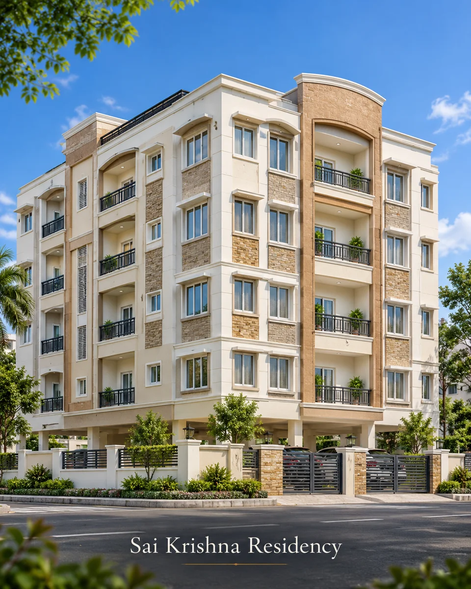 Supplied Sai Krishna Residency illustration: cream apartment building with tan stone cladding and stacked corner balconies.