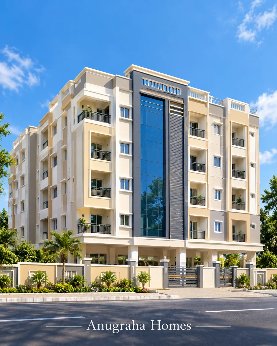 Supplied Anugraha Homes illustration: beige and grey apartment building with blue-glazed facade panels and projecting balconies.